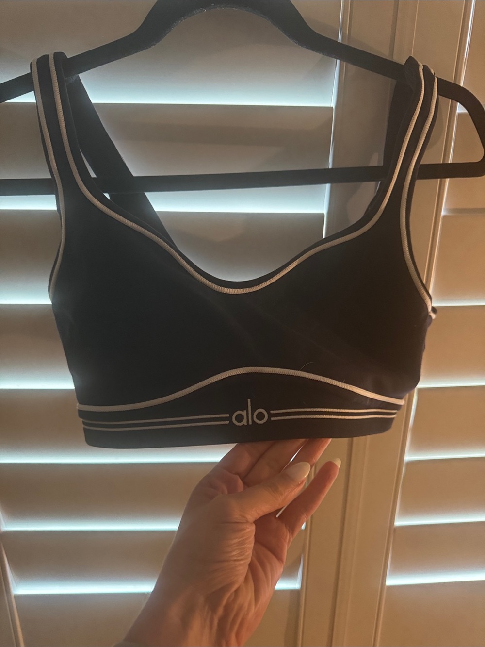 ALO Yoga Black Sports Bra and Leggings with White Contrast Piping